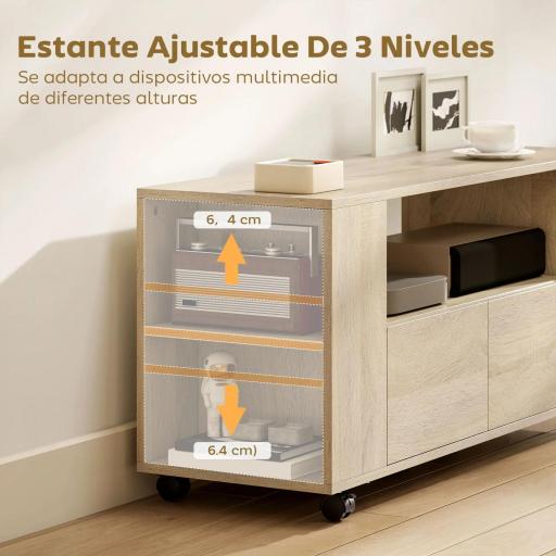 Mueble de TV con Ruedas para Televisión hasta 42 Pulgadas con 2 Cajones Estantes Ajustables Madera Natural [4]