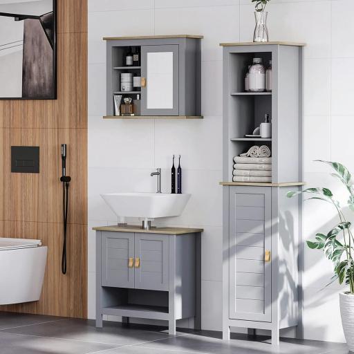 Armario Alto de Baño Moderno Mueble Columna de Baño con 1 Puerta Estante Ajustable y 3 Compartimentos 39x30x168 cm Gris [2]