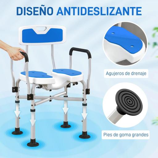 Silla de Ducha con Asiento Ranurado Altura Regulable Antideslizante Respaldo y Reposabrazos Carga 136 kg Azul [4]