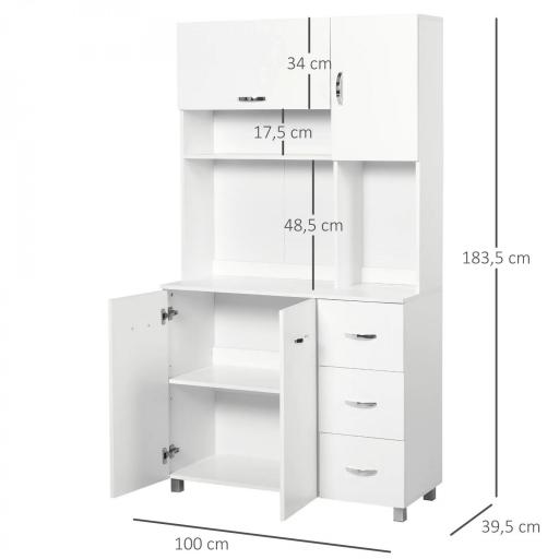 Armario de Cocina Moderno Mueble Auxiliar con 3 Cajones 4 Puertas y Estantes Ajustables 100x39,5x183,5 cm Blanco [1]