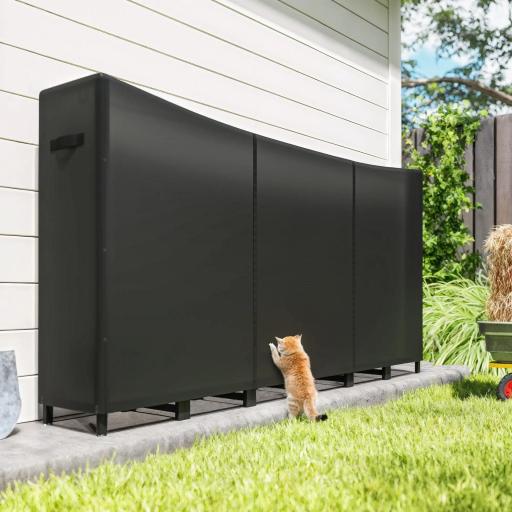 Leñero Exterior Metálico de Chimenea Soporte para Leña con Cubierta Impermeable y Cadenas de Acero 235x31x116 cm Negro [5]