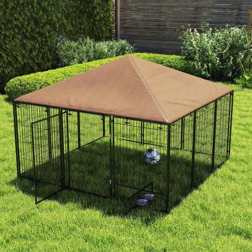 Perrera con Toldo y Soporte Giratorio para Comida 2 Cuencos Incluidos 211x211x151 cm Negro y Café [8]