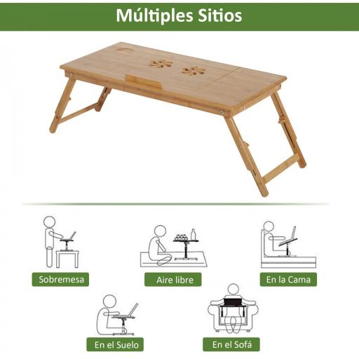 Mesa de Ordenador Portátil Bambú Bandeja de Cama Desayuno Plegable Reclinable Altura Ajustable Soporte Escritorio de regazo 1 Cajón 72x35x22-30cm [4]