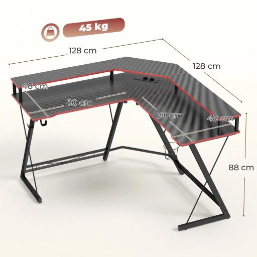 Escritorio Esquinero con Enchufes en Forma de L 128x128 cm con Soporte para Monitor Gancho y Portavasos Negro [1]