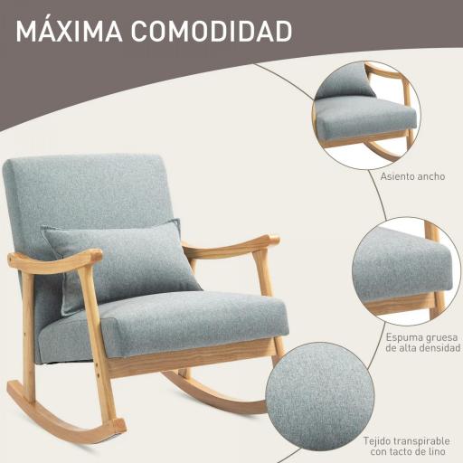 Silla Mecedora con Cojín Lumbar Respaldo Amplio y Base de Madera para Salón o Dormitorio 65x87x84 cm Gris Claro [4]