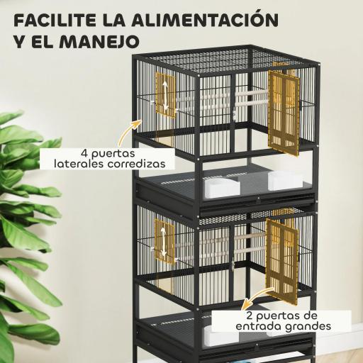 Jaula para Pájaros de 2 Niveles con Paneles Acrílicos Comederos Perchas Ruedas y Estante Inferior 48x46x134,5 cm Negro [5]