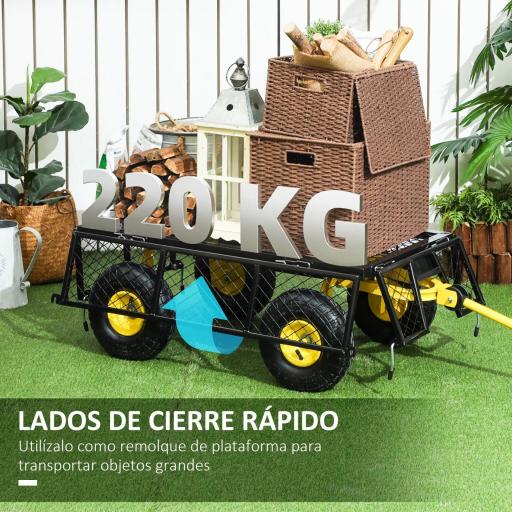 Carro de Jardín Basculante Carga 200 kg con Paneles Laterales Desmontables y 4 Ruedas Neumáticas Negro y Amarillo [4]