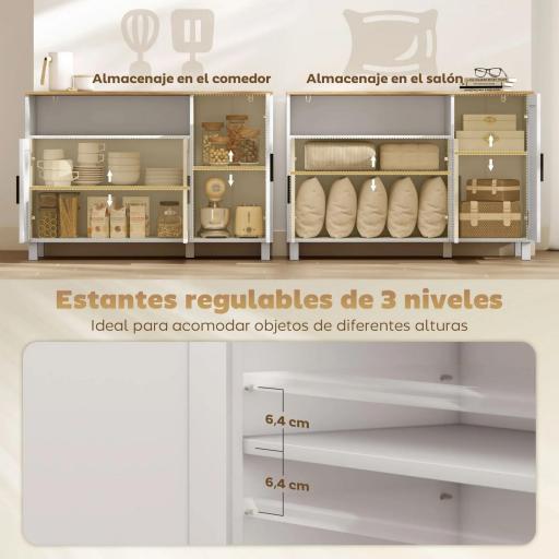 Aparador de 3 Puertas de Cierre Suave con Estantes Ajustables Compartimento Abierto Patas de Madera Blanco [7]