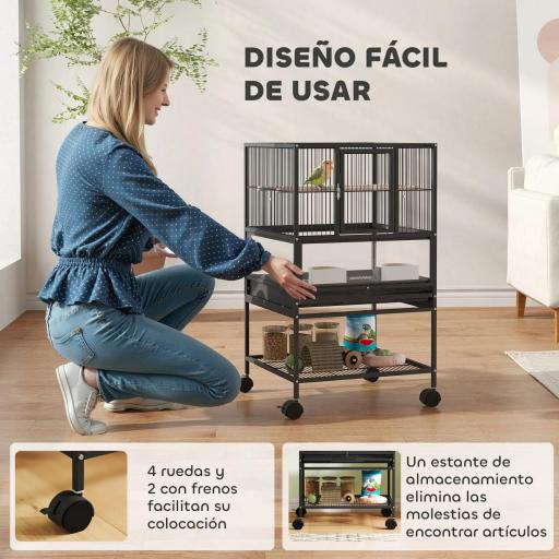 Jaula para Pájaros con Paneles Acrílicos Comederos Soporte Ruedas y Estante Inferior 48x46x83 cm Negro [5]