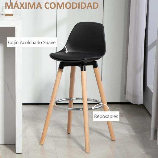 Juego de 2 Taburetes Altos de Cocina 69 cm Tapizado en PU con Respaldo Patas de Madera para Comedor Negro [5]