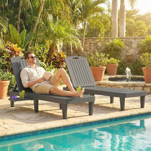 Conjunto de 2 Tumbonas Reclinables de Plástico PP con Bandeja Lateral Respaldo Ajustable 5 Niveles 192x57x28,5 cm Gris [7]