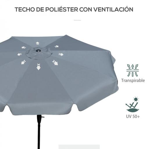 Parasol de Jardín de Aluminio Ø266x250 cm con Ángulo Ajustable Protección UV50+ Techo de Ventilación y Manivela Gris [3]