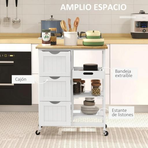 Carrito Auxiliar con Ruedas Carrito de Cocina con 3 Cajones 2 Estantes Abiertos y Bandeja Extraíble 67x37x85,5 cm Blanco [2]