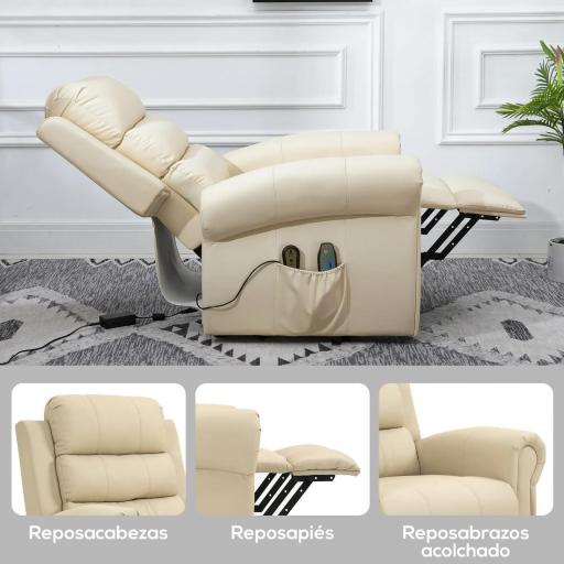  Sillón Relax Reclinable Eléctrico Levanta Personas con Masaje Vibratorio y Calor Control Remoto Crema [4]