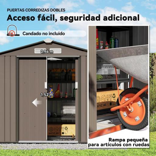 Caseta de Jardín Exterior con Base de Refuerzo Sin Suelo 213x130x185 cm con 2 Puertas Correderas y 4 Ventanas Marrón [5]
