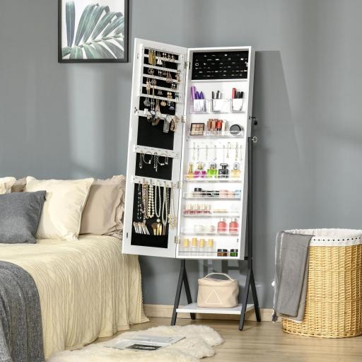 Espejo Joyero de Pie Cuerpo Entero Ajustable en Ángulo Armario de Joyería con Estante Inferior Cerradura Magnética Ranuras y Cajas para Joyas 47x36x157 cm Blanco y Negro