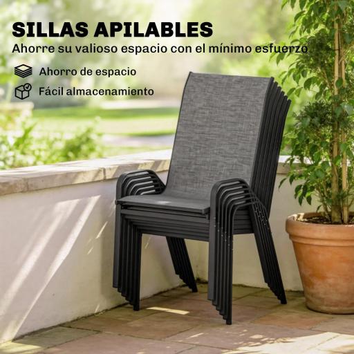Conjunto de Mesa y Sillas Jardín con Mesa Metálica con Agujero y 6 Sillas Apilables Transpirables para Terraza Gris [2]