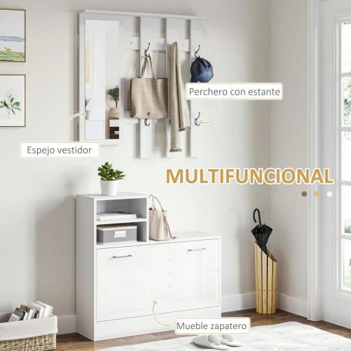 Recibidor con Espejo Perchero y Zapatero Muebles de Entrada con 6 Ganchos y Estantes para 8 Pares de Zapatos Blanco [2]