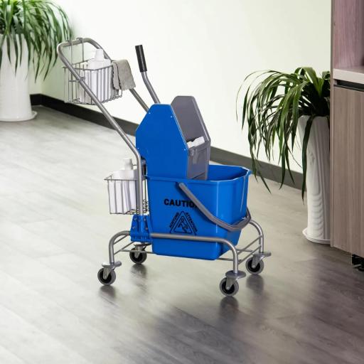 Cubo de Fregona 26 L Cubo Fregado Comercial con Escurridor de Presión Hacia Abajo Ruedas y Cestas de Almacenamiento 73x45x95 cm Azul