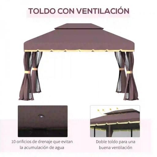 Gazebo de Aluminio 4x3 m con Techo de Ventilación 4 Cortinas Laterales 4 Mosquiteras y 8 Orificios de Drenaje Café [2]