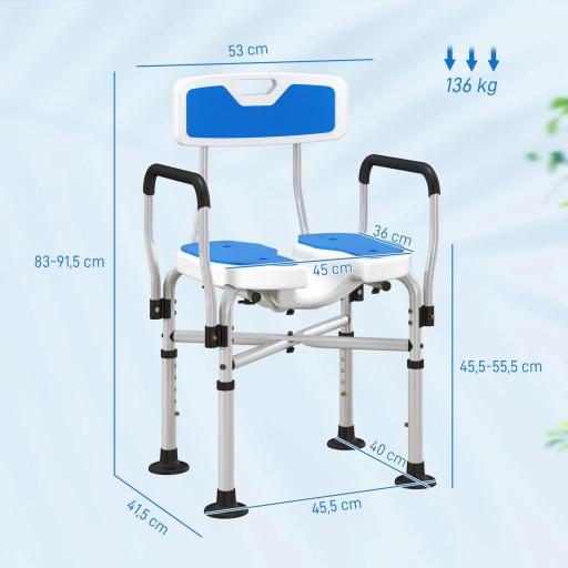 Silla de Ducha con Asiento Ranurado Altura Regulable Antideslizante Respaldo y Reposabrazos Carga 136 kg Azul [1]