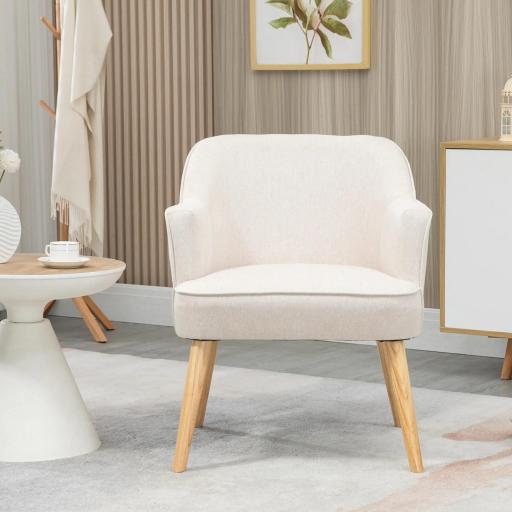 Butaca de Salón Moderna Sillón Tapizado en Lino Sintético Patas de Madera para Dormitorio Oficina 64,5x65x79,5 cm Crema [3]