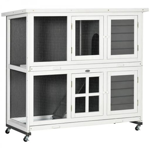 Conejera de Madera de 2 Niveles con Ruedas 2 Puertas Techo y Bandejas Extraíbles 119x50,5x109 cm Blanco y Gris [9]