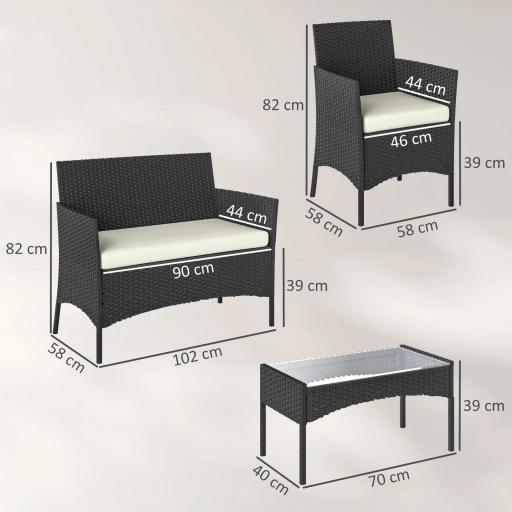 Conjunto Muebles Jardín de Ratán Sintético con Sofá Sillones y Mesa de Vidrio Templado y Cojines Negro y Crema [1]