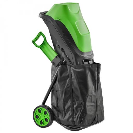 Trituradora de Ramas Eléctrica 2500W con 2 Cuchillas Reversibles hasta Ø44 mm de Ramas Bolsa 45L Ruedas Verde [10]