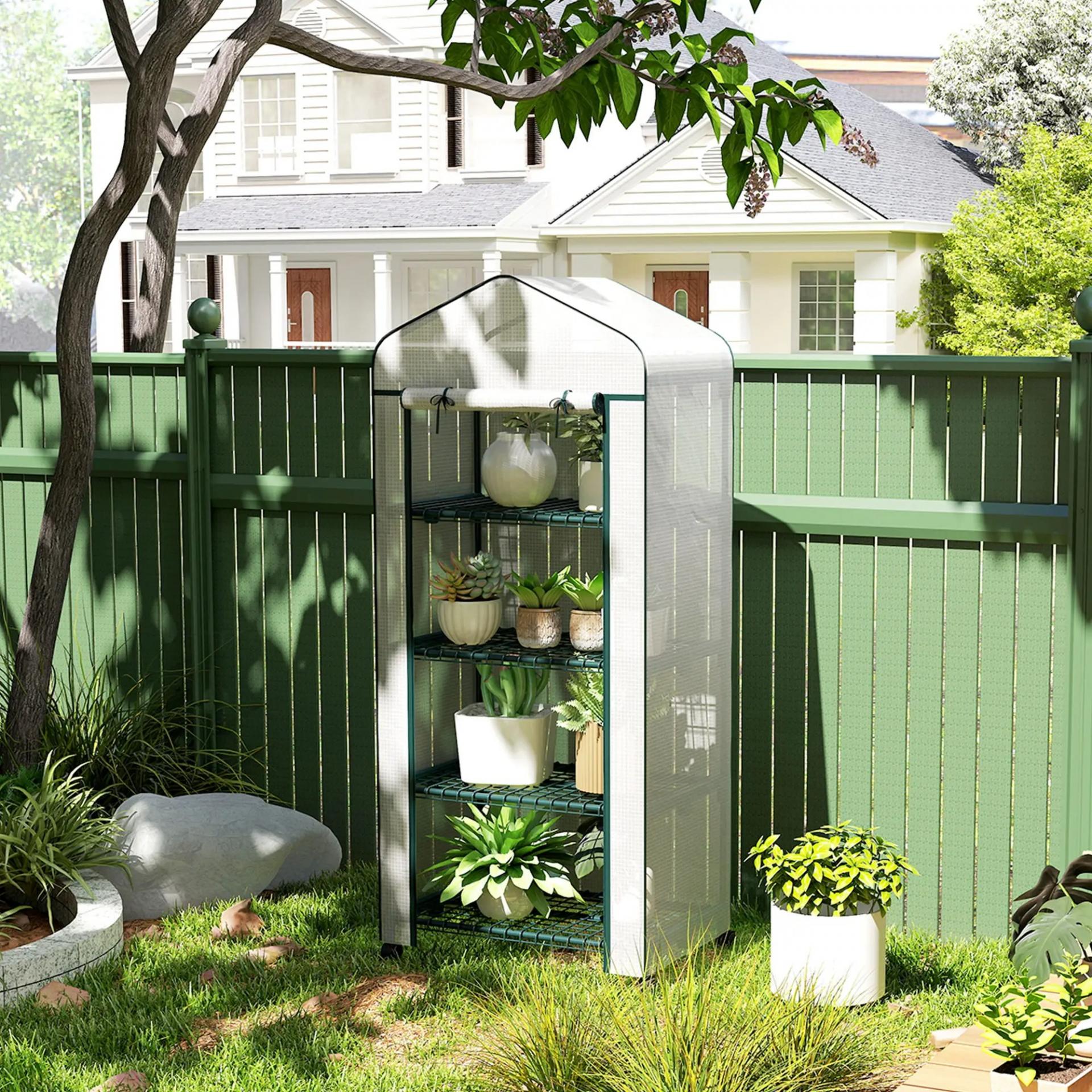 Invernadero de Exterior con 4 Estantes Ruedas Puerta Enrollable Cubierta de PE y Marco de Acero 69x50x165 cm Blanco