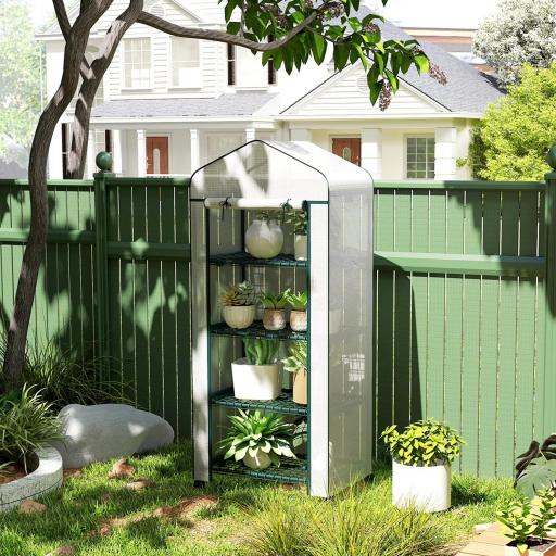 Invernadero de Exterior con 4 Estantes Ruedas Puerta Enrollable Cubierta de PE y Marco de Acero 69x50x165 cm Blanco