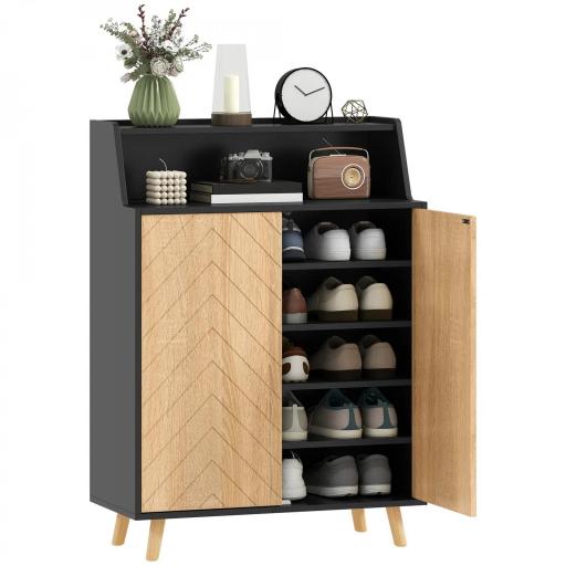 Zapatero Entrada Recibidor con 2 Puertas Estantes Ajustables y Compartimento Abierto 75x35x104 cm Negro y Natural [9]