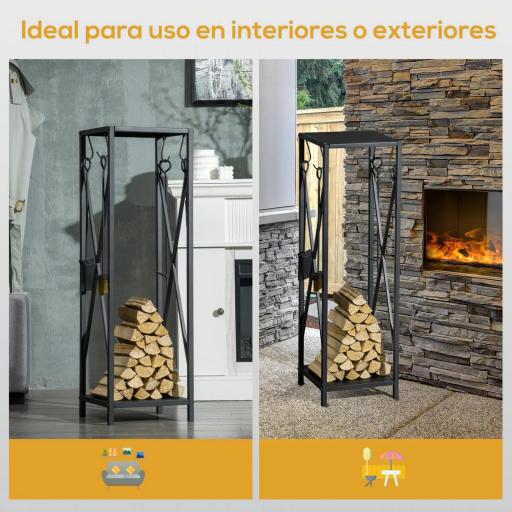 Estante de Leña Metálico Leñero de Exterior con Ganchos Pala Cepillo Atizador y Tenazas Carga 65 kg 34x34x111 cm Negro [5]