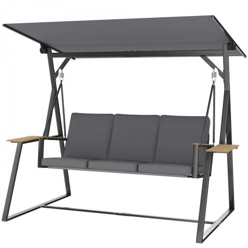 Columpio de Jardín Exterior de 3 Plazas con Techo Ajustable 2 Bandejas Cojines y Marco de Metal Carga 360 kg Gris [7]