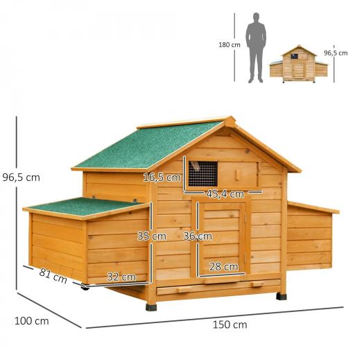 Gallinero para Exterior 150x100x96,5 cm Gallinero de Madera con 2 Nidos Bandeja Extraíble Techo Abatible Natural [4]