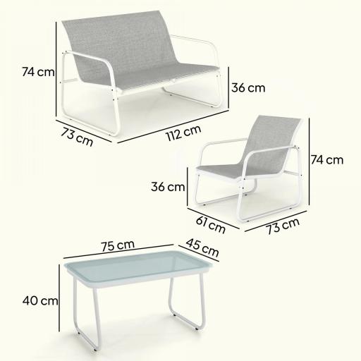 Conjunto Jardín Exterior de 4 Piezas con Sofá de 2 Plazas 2 Sillones Mesa de Vidrio Templado Tela Textilene Gris Claro [1]