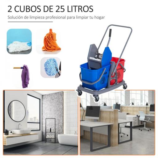 Carro de Limpieza Profesional Carro de Fregado de Metal con 2 Cubos de 25 Litros Extraíbles Escurridor Prensa Manual y 4 Ruedas 73x45x92 cm Rojo y Azul [3]