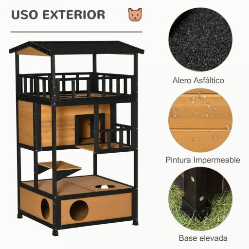 Caseta para Gatos de Madera 75,5x75x137 cm con Techo Asfáltico Plataformas para Interior y Exterior Natural [4]