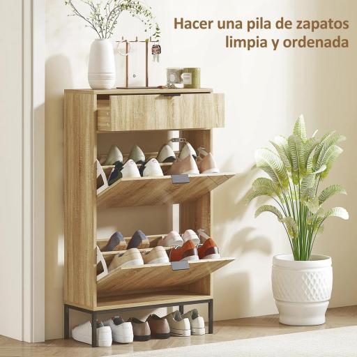 Zapatero Estrecho con 2 Puertas Cajón y Estantes Ajustables para 8 Pares de Zapatos 60x24x105,5 cm Roble [5]