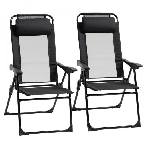 Conjunto de 2 Sillas de Camping Plegables con Reposacabezas Desmontable y Respaldo Reclinable 62x70x109 cm Negro [7]