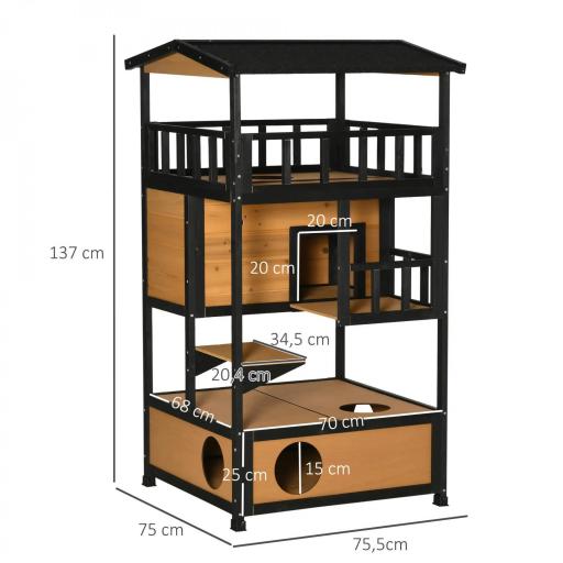 Caseta para Gatos de Madera 75,5x75x137 cm con Techo Asfáltico Plataformas para Interior y Exterior Natural [2]
