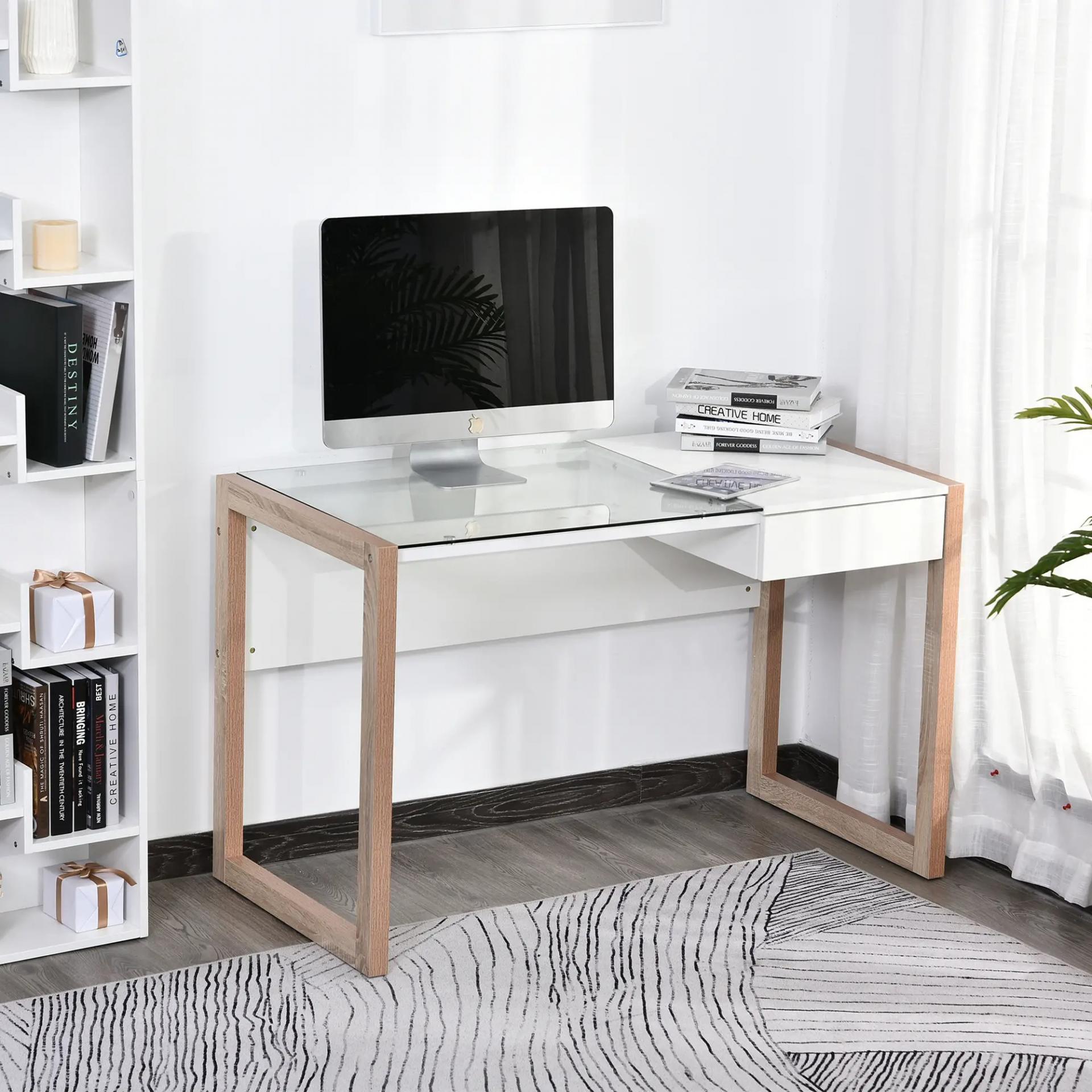 Mesa de Ordenador Mesa de Escritorio Diseño Moderno con Tablero de Vidrio Templado Cajón Combinación de Estilos para Oficina Estudio 120x60x75 cm Blanco