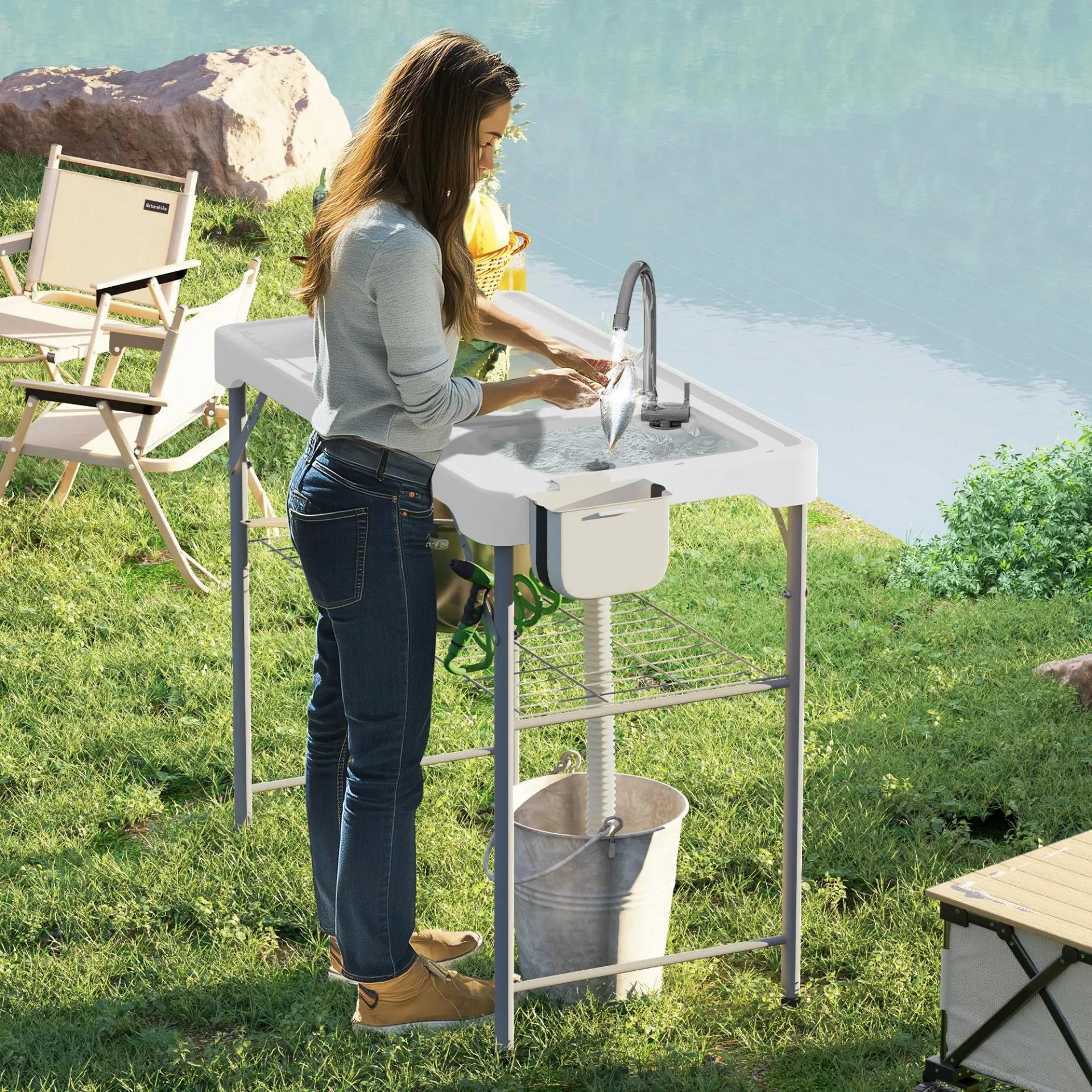 Mesa Plegable para Camping con 2 Fregaderos Manguera de Drenaje Estación de Limpieza y Grifo Blanco