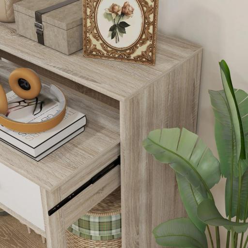 Mesa Consola Escritorio Extensible de 2 Niveles con Rieles Deslizantes 2 Cajones y 2 Ruedas 95x35x87 cm Roble [5]