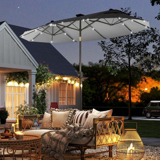 Sombrilla de Jardín Doble 295x150x219 cm con Luces LED Solares Toldo con Inclinación Ajustable y Manivela Manual Gris