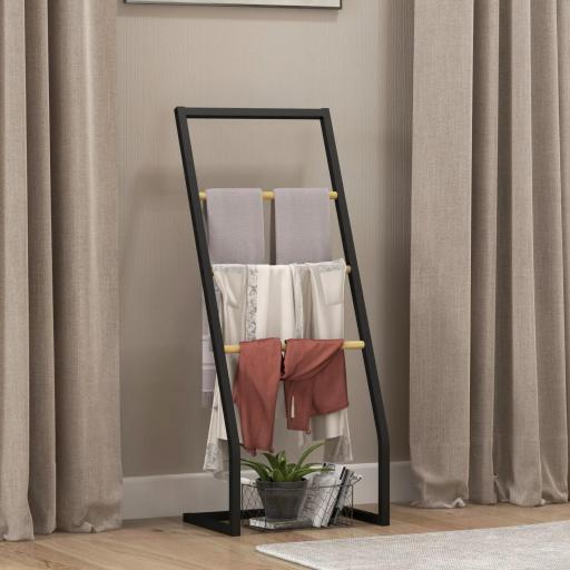 Toallero de Pie con 4 Barras de Bambú y Acero para Baño Lavadero 40,5x28x98 cm Negro y Natural