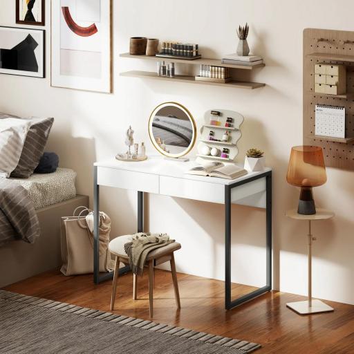 Escritorio con 2 Cajones 100x50x75 cm Mesa de Ordenador Patas de Acero para Casa Espacios Pequeños Blanco Brillante [3]