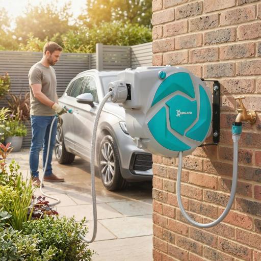 Manguera Retráctil de Pared con Carrete de 10+1 m con Retorno Enrollado Automático y Boquilla de 7 Funciones Gira 180° [7]