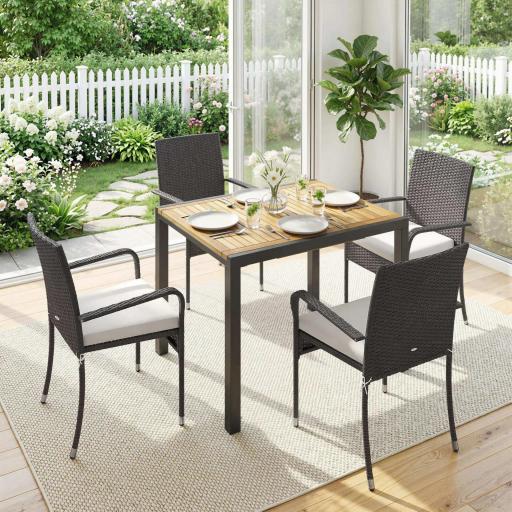 Conjunto de Mesa y Sillas Jardín de Ratán 7 Piezas con Mesa Extensible con Tablero Madera y 6 Sillas Apilables Cojines [7]