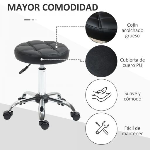 Taburete Giratorio con Ruedas Regulable en Altura de 48-63 cm Taburete de Trabajo Tapizado en Cuero PU para Peluquería Cosmética Dentista Diámetro Ø35,5 cm Negro [5]